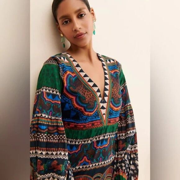 Anthropologie FARM Rio tribal tiger print Multicolor V-Neck Tunic Mini Dress XS - Picture 2 of 9